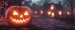© Daylife - A glowing jack-o'-lantern sits on a path, illuminated against a misty backdrop of a quaint home, evoking the spirit of Halloween.