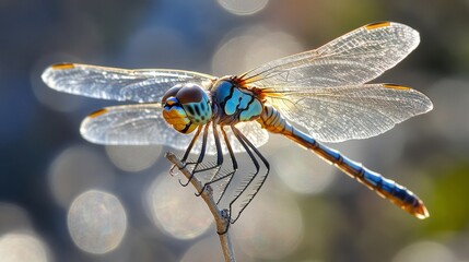 Aufkleber - A macro perspective of a dragonfly perched on a twig, with its wings shimmering in the sunlight, showcasing the elegance of this flying insect.