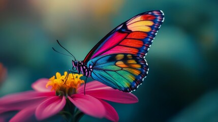 Poster - A macro shot of a vibrant butterfly resting on a flower, with its colorful wings spread wide, capturing the beauty of nature and pollination.