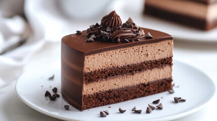 A close-up of a chocolate mousse cake slice on a pristine white plate, featuring multiple decadent layers of chocolate, isolated on white.