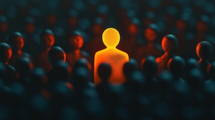 A single glowing orange figure stands out amidst a crowd of dark, faceless figures.