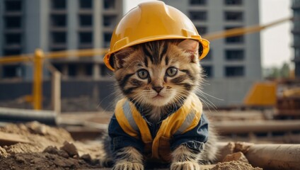 A kitten wearing a yellow hard hat and a blue vest