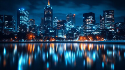 Poster - A nighttime cityscape with illuminated skyscrapers standing tall, their lights reflecting on nearby waterways, creating a stunning urban landscape.