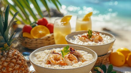 Poster - A picturesque beach picnic scene featuring bowls of seafood rice porridge, with tropical fruits and refreshing drinks, inviting guests to enjoy a flavorful meal by the sea.