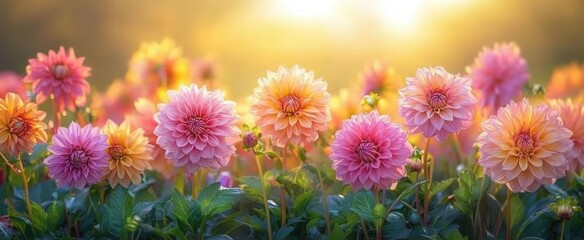 enchanting garden scene at golden hour rainkissed dahlias in vibrant hues soft sunlight filtering through lush foliage