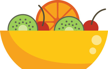 Poster - Yellow bowl is overflowing with sliced kiwi, orange, and cherries on a white background