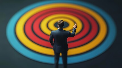 Poster - a person in formal attire points towards colorful concentric circles during a creative brainstorming