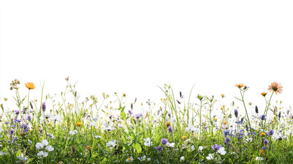 Wall Mural - Beautiful spring grass with wild flowers on a white background