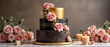 © Benedetto Riba - Torta moderna con finiture nere e dorate, decorata con una cascata di rose e dettagli floreali, perfetta per un matrimonio sofisticato