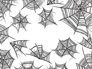 Beautiful vector black and white banner with spider web for Happy Halloween celebration. Hand drawn vector sketch illustration in doodle engraved vintage line art style. Autumn mystery holiday