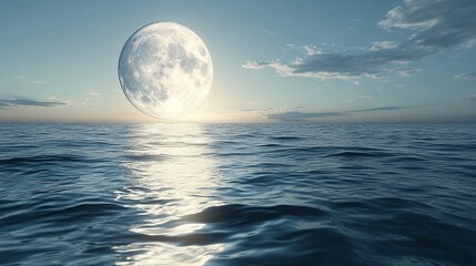 Wall Mural - A Full Moon Rising Over a Calm Ocean at Twilight