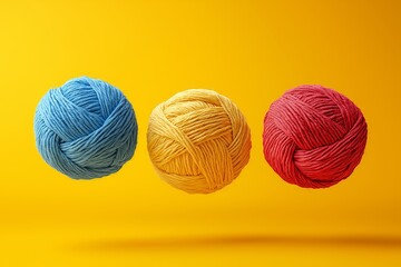 Poster - Three balls of yarn are floating in the air. One is pink, one is blue, and one is yellow. 3 yarn balls of different colors with yarn thread outside, falling, 3d yellow background