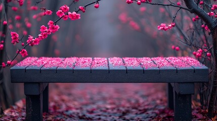 Wall Mural - A black wooden bench sits beneath a canopy of pink blossoms, their petals scattered like confetti on the ground.