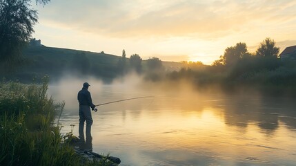 Wall Mural - A man fishing on a river at sunrise.