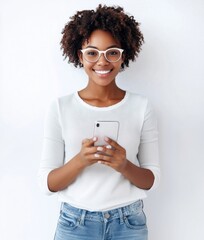 Poster - Smiling young black woman holding a phone background portrait glasses.