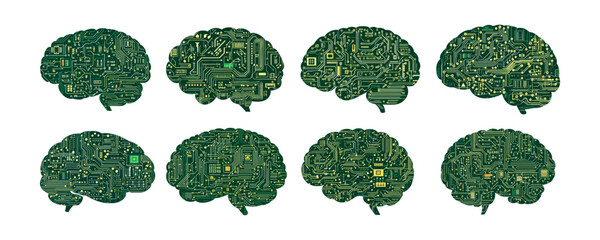Poster - Electronic cyber brain cartoon vector set. Circuits ai cpu chip hardware learning microchip semiconductors human organ pc mind intellect technology concepts isolated artworks on white background