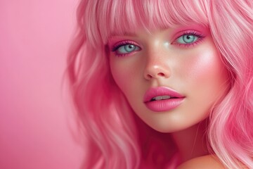 Wall Mural - Beautiful fashion woman with pink hair and bright makeup posing on a pastel background.