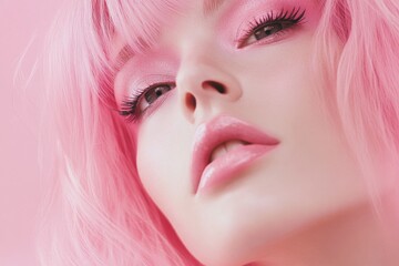 Wall Mural - Beautiful fashion woman with pink hair and shiny, glossy makeup on an isolated pastel background.