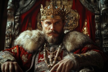 medieval king sitting on throne with fur and golden crown
