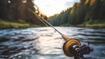 Wall Mural - A fishing rod sits on the bank of a river with a forest in the background.