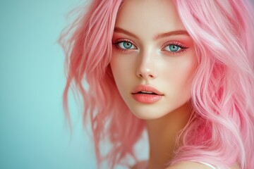 Wall Mural - Beautiful girl with pink hair and bright makeup on an isolated pastel background, fashion portrait photography.