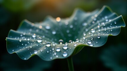 a leaf with water drops on it and the sun shining on it.