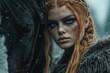 © Gatherina - Red haired viking woman wearing fur is standing with horse in snow
