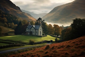 Canvas Print - House sitting amidst mountains landscape architecture outdoors.