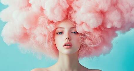 Wall Mural - Beautiful girl with pink hair in the shape of clouds.