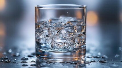 crystal clear water glass with perfect droplet formation on surface crisp white backdrop emphasizes purity and refreshment