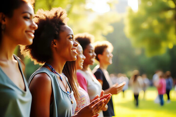 A diverse group of friends laughing and enjoying their time outdoors in a sunlit park. The image captures moments of joy, connection, and friendship.