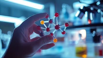 A hand holding a molecular model, with a laboratory environment and scientific equipment visible in the background.