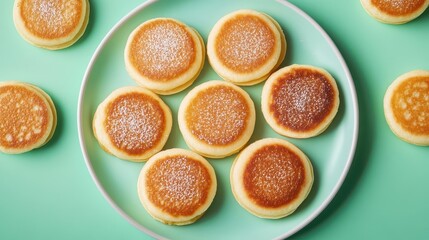 Wall Mural - A plate of golden pancakes sprinkled with sugar, arranged neatly on a mint-colored background.