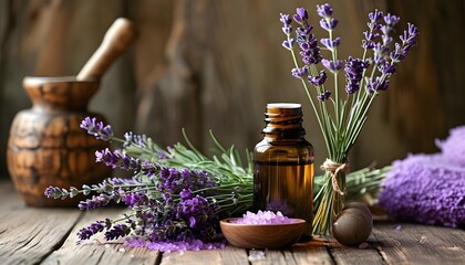 Wall Mural - Serene Aromatherapy Scene Featuring Essential Oils and Lavender Against a Rustic Backdrop