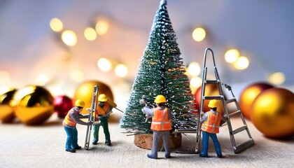 Miniature workers decorating christmas tree