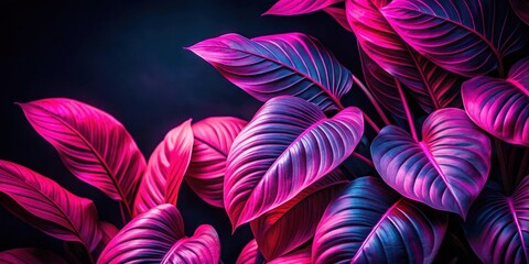 Vibrant neon pink leaves contrasted against a dark background, creating a captivating tropical setting