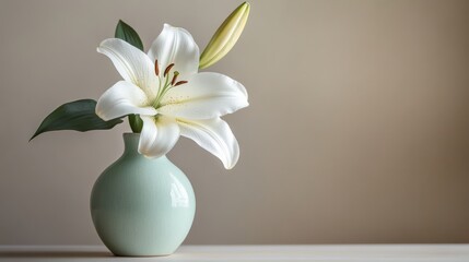 A single white lily in full bloom, displayed in a modern, pastel-colored vase on a clean surface