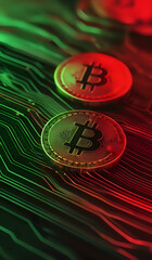 Wall Mural - Digital transactions flowing representing bitcoin in red and green tones