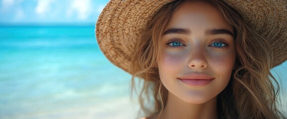 Wall Mural - Woman in Straw Hat on Beach