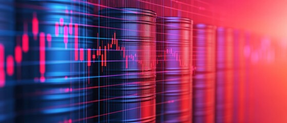 Poster - Abstract visual of oil barrels with stock market trend graphics, vibrant colors.