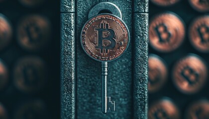 Poster - Bitcoin key unlocking digital wallet, focus on crypto currency symbol.
