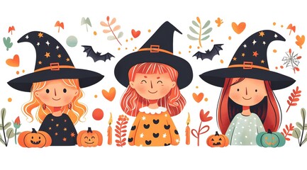 A Festive Poster Design Featuring a Group of Kids in Halloween Costumes Trick-or-Treating