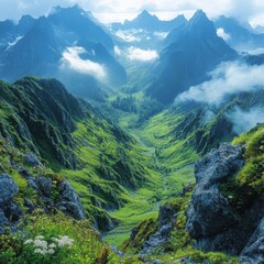 Canvas Print - Majestic Mountain Valley Bathed in Morning Mist