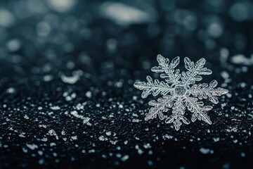 A single snowflake resting on a dark surface