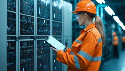 Female technician working in data center, wearing safety gear and reviewing operations.