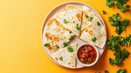 Wall Mural - A plate of quesadillas with salsa on a vibrant background, garnished with cilantro.