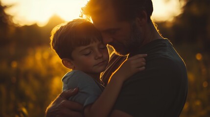 Wall Mural - A father embraces his son in a golden field during sunset, capturing a moment of love and connection in nature