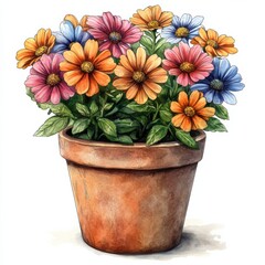 Wall Mural - vibrant flower pot with colorful daisies on a white isolated background