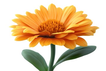 Wall Mural - vibrant orange flower with green leaves, white isolated background.
