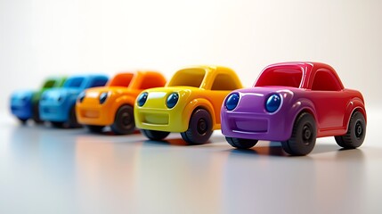 Cartoonish toy cars with big eyes line up, full of playful character and charm.